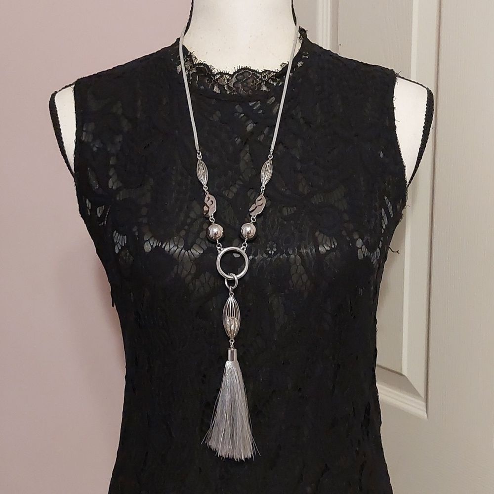 1946 Y Drop Metallic Tassels Caged Crystals Silver Tone Statement Necklace